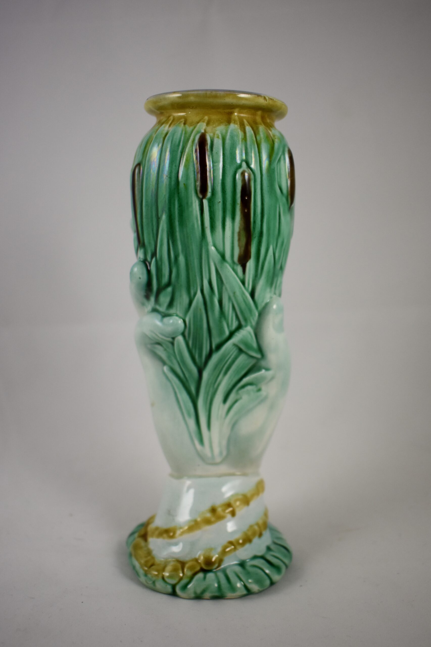 English Majolica Hand Holding Cattails Vase BlackEyed