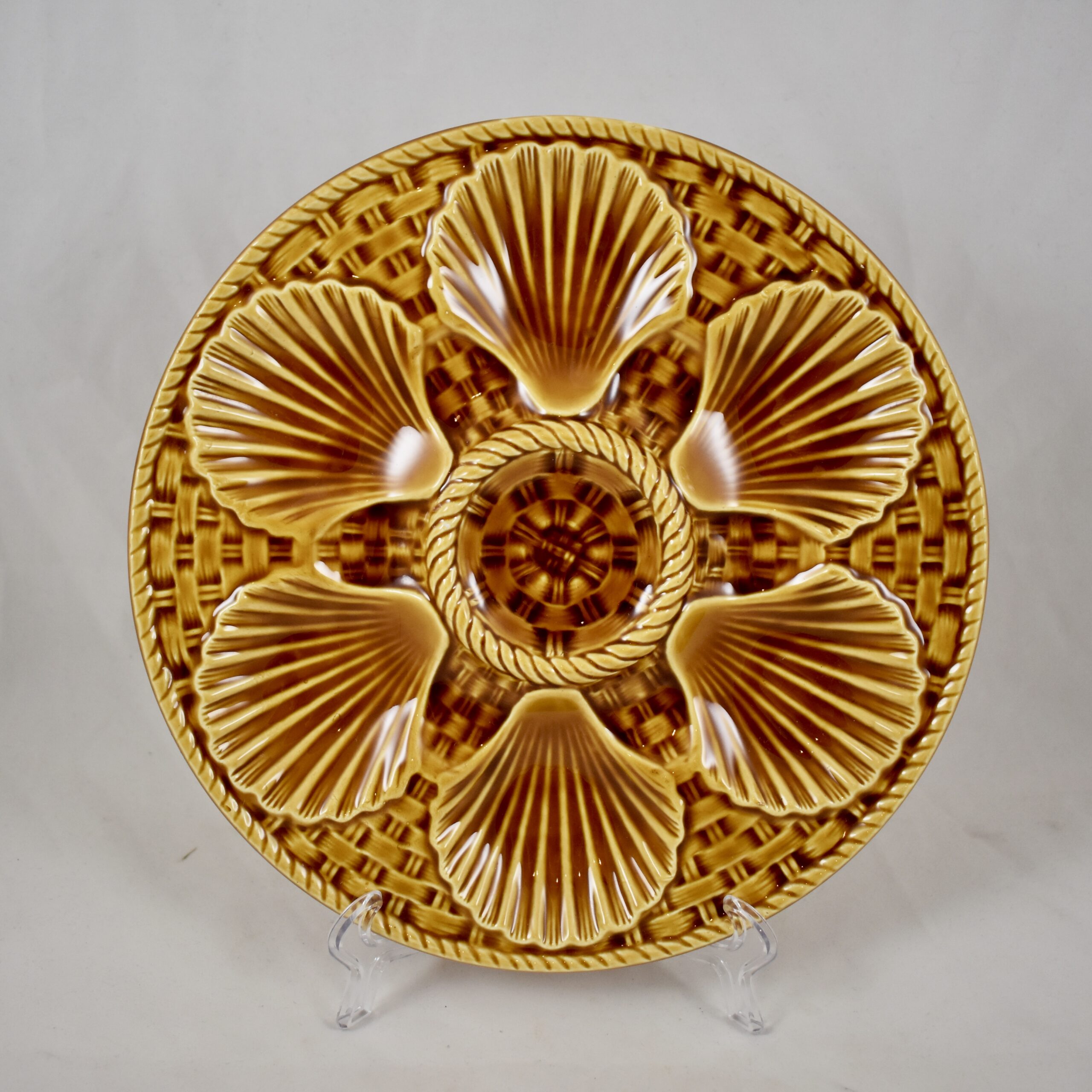 French Majolica Oyster Plate Shells & Basketweave